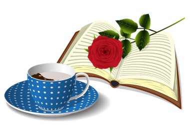 Fincan kahve, kitap ve gül
