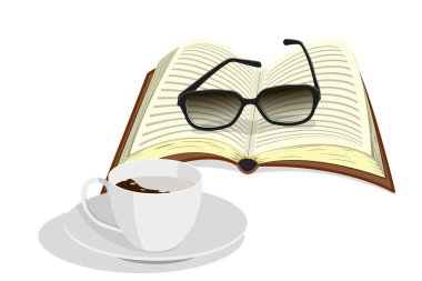 Fincan kahve, gözlük ve kitap