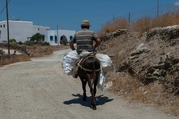 Eşek sırtında bir adam, sıcak bir yaz gününde, Yunanistan 'ın Ege Denizi' ndeki Schinoussa adasında.
