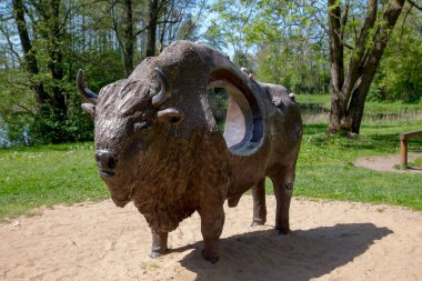 Polonya 'nın doğusundaki Bialowieza Ulusal Parkı' ndaki bir oyun parkında Avrupalı bir bizon şeklinde ekipman oynayın..