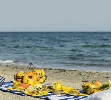 Yaz. Sahilde bir piknik. Burger ve pide, sebze