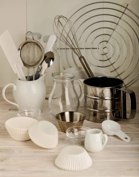 Kitchen tools of white and steel color (accessories) for baking