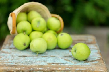 Eski bir tabure üzerinde bir sepet içinde ev yapımı rustik yeşil elma.