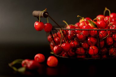 Siyah bir arka plan üzerinde metal bir sepet içinde kiraz. 