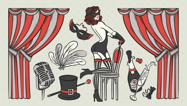 Cabaret Toon objecten en vrouw — Stockvector