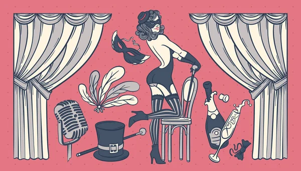 Cabaret montrer des objets et femme — Image vectorielle