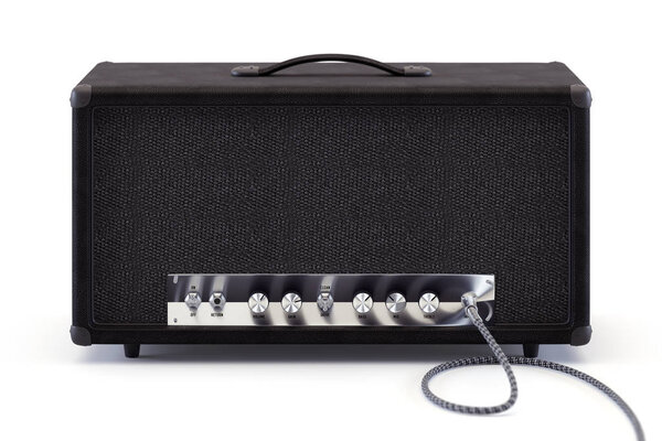 3d render of analog guitar amplifier with inserted audio cable and shining chrome round knobs.
