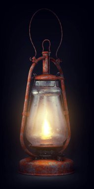 3d image of old rusty oil lamp on dark background clipart