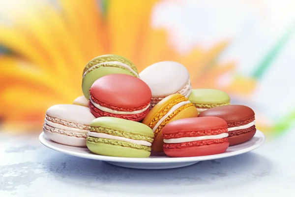 Rendere Composizione Con Dolci Macarons Colorati Dessert Sul Piatto — Foto Stock