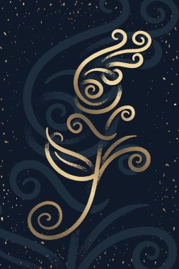 yaratıcı süsleme öğesi, soyut kıvırcık çizim, koyu arka plan üzerinde altın parlayan tasarım