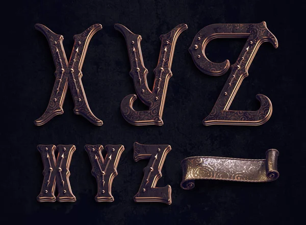 Render Van Vintage Textured Font Set Met Bronzen Metallic Elementen — Stockfoto