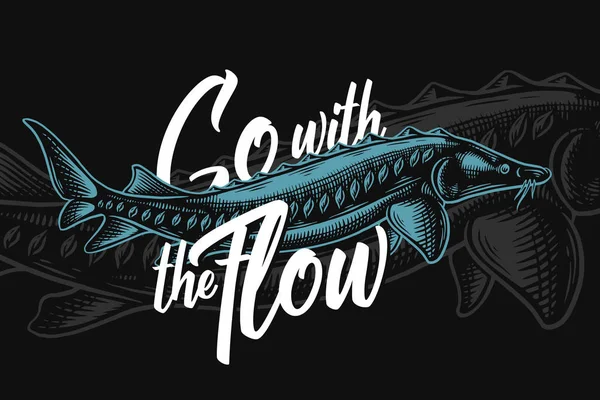 Go with the flow marine illustrations with sturgeon on dark background — Stock Image Flow Marine Illustrations Sturgeon Dark Background Stock Photo