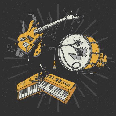 Elektro gitar davulu ve klavye sentezleyicisi gibi bozuk bir müzik enstrümanının vektör çizimi