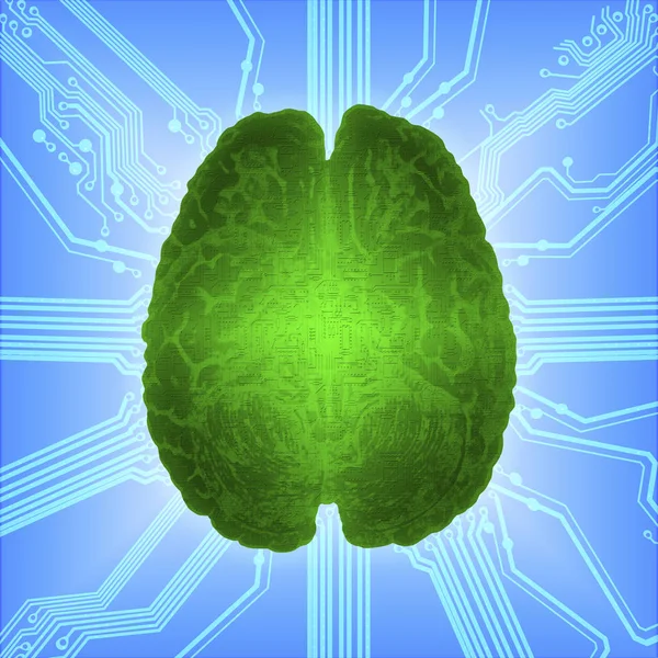 Wired green glowing brain over computer microcircuit. Artificial intelligence (AI) and High Tech Concept.