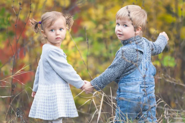 Niños felices al aire libre en temporada de otoño, tomados de la mano. Tiene fecha —  Fotos de Stock