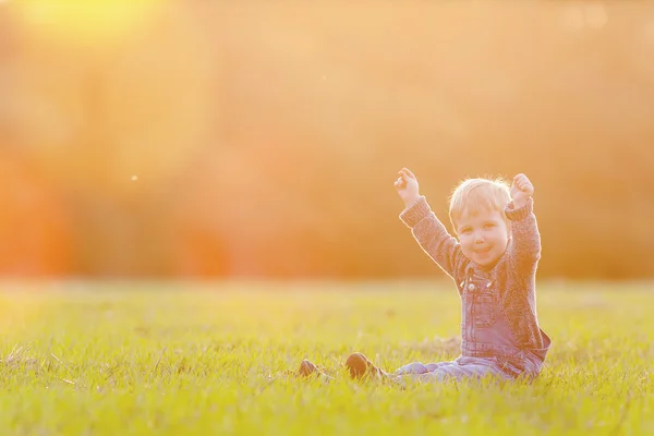 Happy child outdoor, yellow field raised his hands. Autumn, fall