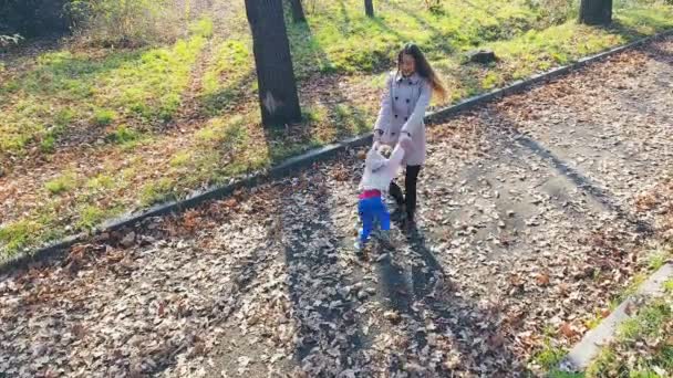 Anya szabadtéri fordul a baba. Felülnézet Andrásné Ilona helikopter. Ősz — Stock videók