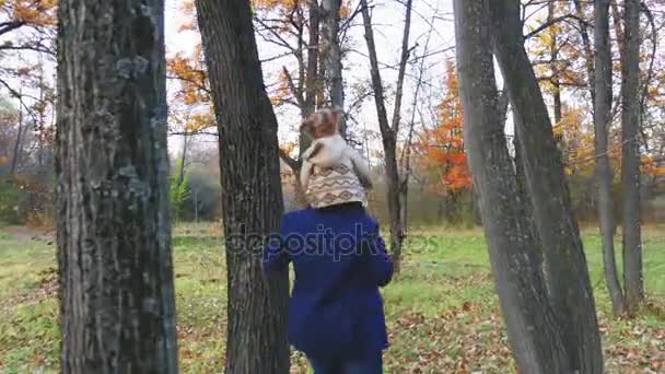 Divertido padre y bebé sentado en el cuello, jugando al aire libre . — Vídeo de stock