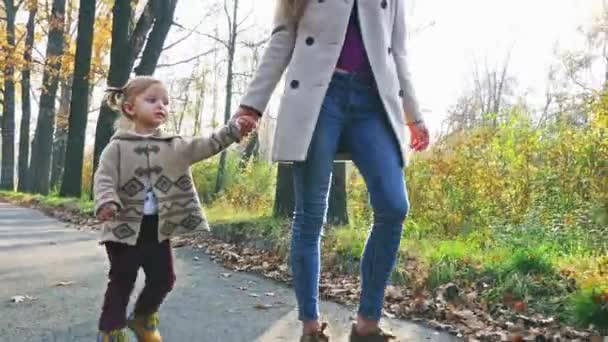 Mutter mit Baby geht draußen spazieren. Herbst — Stockvideo