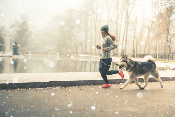 Imagen de una jovencita corriendo con su perro, Alaska Malamute — Foto de Stock