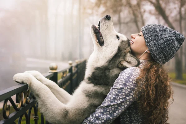 Bilden av ung flicka med hennes hund, alaskan malamute, Utomhus — Stockfoto