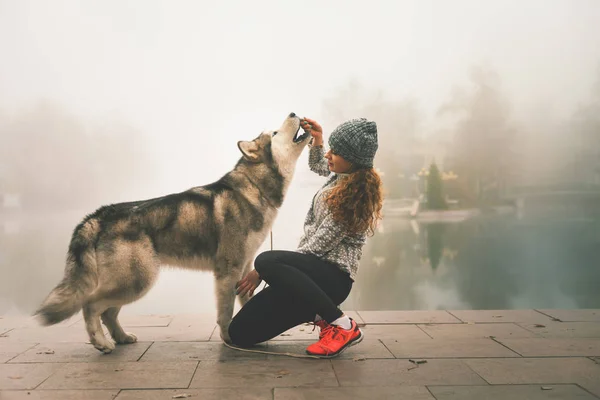 Imagem da menina com seu cão, malamute alasca, ao ar livre — Fotografia de Stock