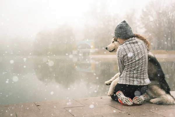 Imagem da menina abraçar seu cão, malamute alasca, ao ar livre — Fotografia de Stock
