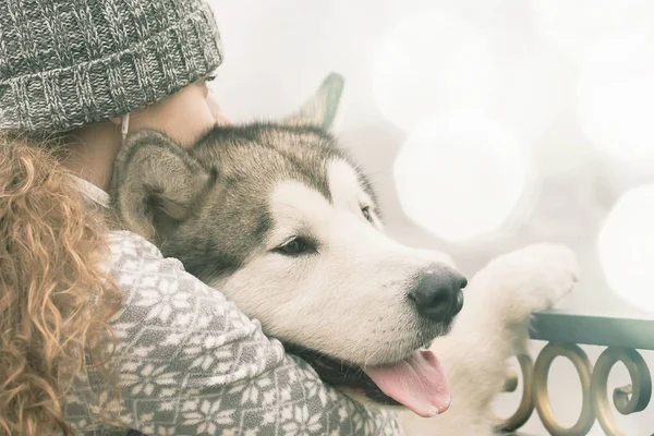 Imagem da menina com seu cão, malamute alasca, ao ar livre — Fotografia de Stock