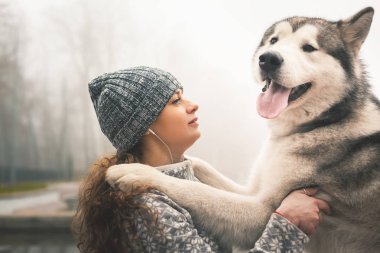 Köpeğini, alaskan malamute, açık ile genç kızın görüntü