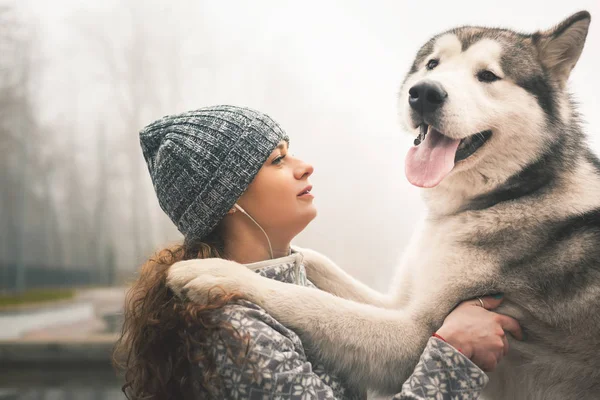 Imagem da menina com seu cão, malamute alasca, ao ar livre — Fotografia de Stock