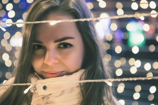 beautiful woman walking at urban city at winter