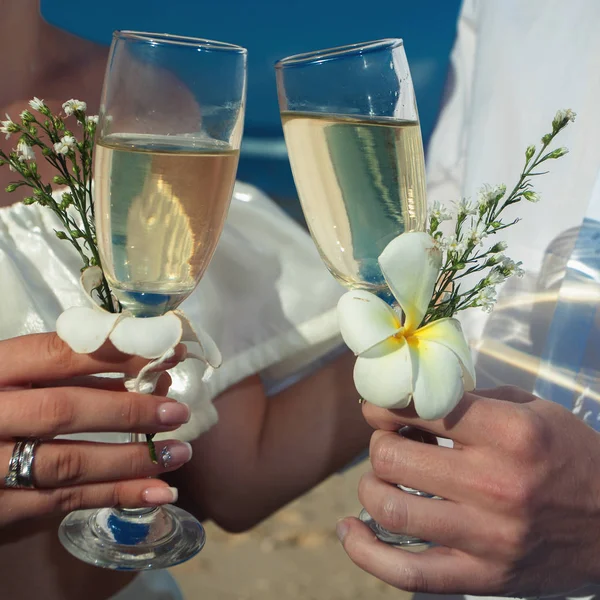O casal acabou de se casar. Casal segura copos de champanhe — Fotografia de Stock
