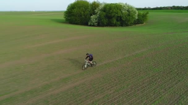 Flygfoto. Cyklistturer på vårfältet. — Stockvideo