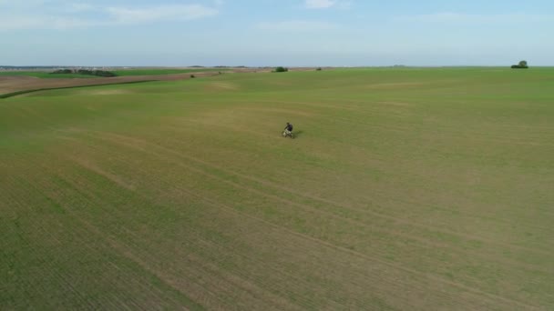 Ciclista cavalca rapidamente su un campo di primavera . — Video Stock