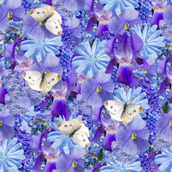 Blaues nahtloses Blumenmuster mit Blumen und Schmetterlingen. — Stockfoto