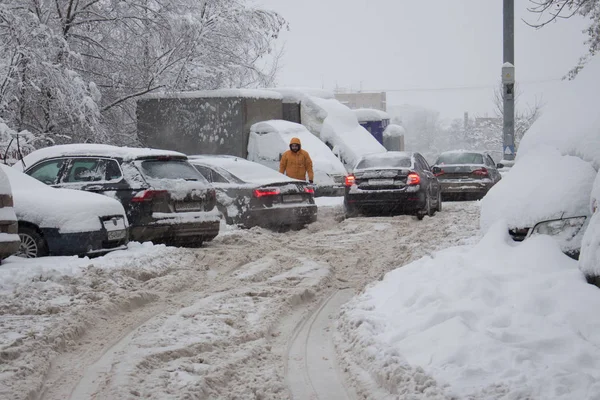 Russia Mosca 2018 Auto Coperte Neve Dopo Una Bufera Neve — Foto Stock