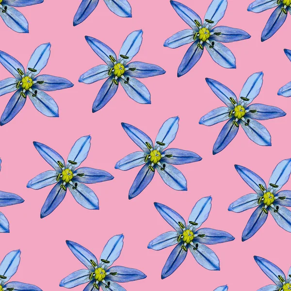 Różowy Bezszwowy Wzór Niebieskimi Kwiatami Śniegu — Zdjęcie stockowe