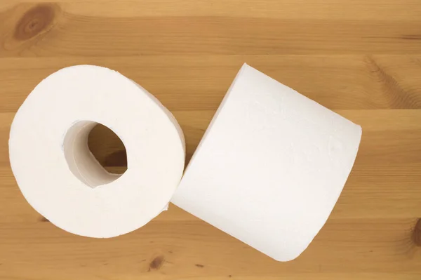 White Toilet Paper Rolled Wooden Background Copy Space — Stock Photo, Image