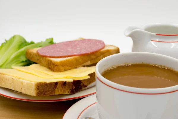 Breakfast Toast Sausage Cheese Egg Morning Salami — Stock Photo, Image