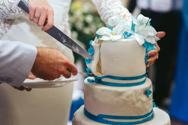 Bruid en verloofde een bruidstaart — Stockfoto