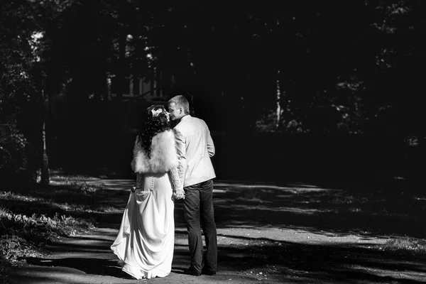 Les nouveaux mariés s'embrassent en se promenant dans le parc — Photo