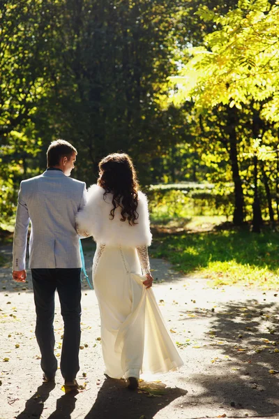 Caminhada de noivo com noiva em seu braço no parque — Fotografia de Stock