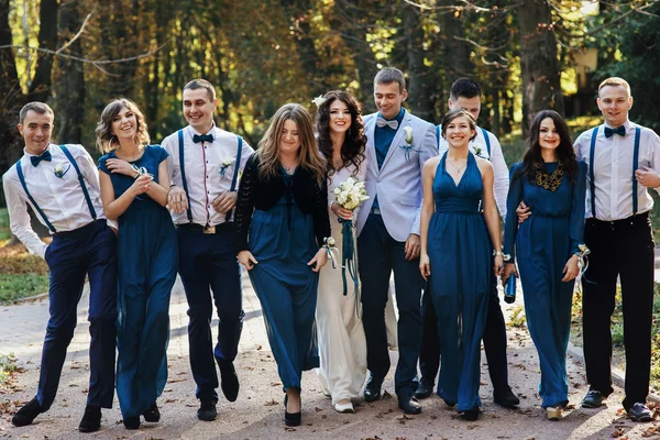 Padrinhos e damas de honor caminham juntos com recém-casados — Fotografia de Stock