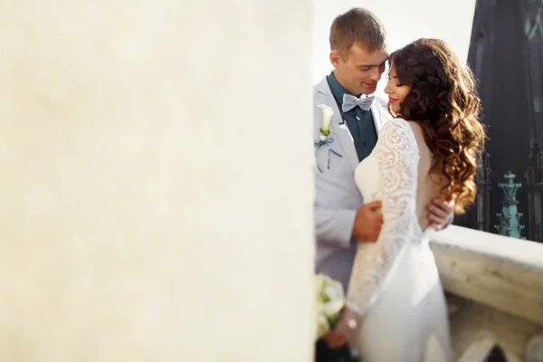 The newly-weds hugs with Gothic architecture on the background — Stock Photo, Image