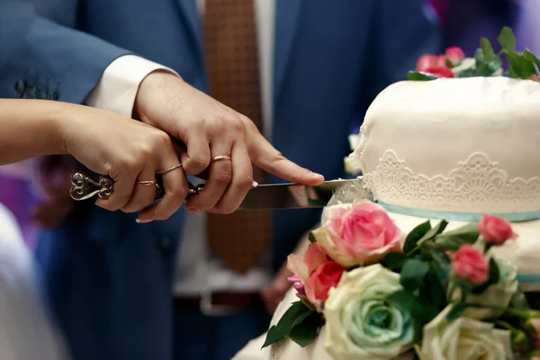 Happy beautiful newlyweds cut cake in restaurant