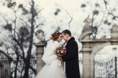 Eski park gates de soğuk gitmedenen önünde poz yeni evliler