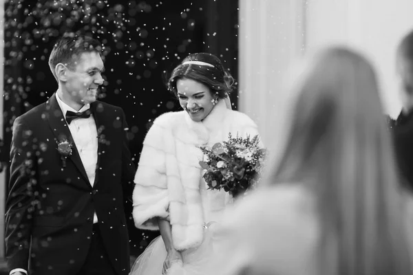 Recém-casados sorriem sob a chuva de arroz — Fotografia de Stock