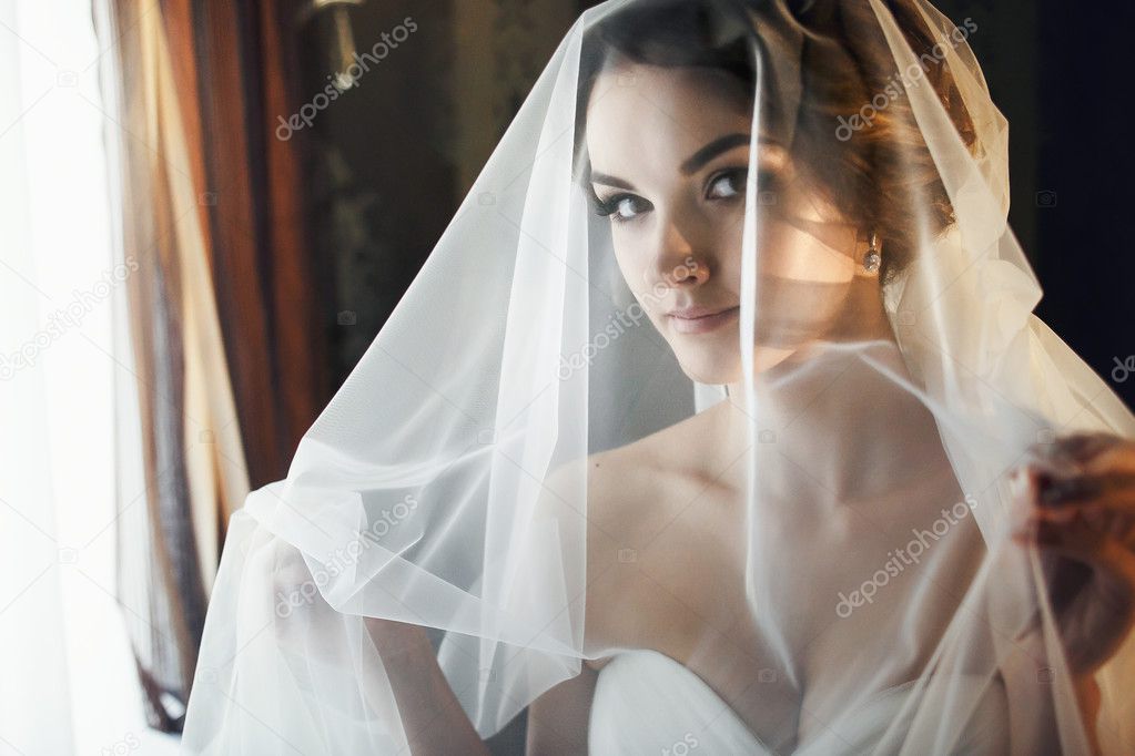 Bride looks misterious throw the veil