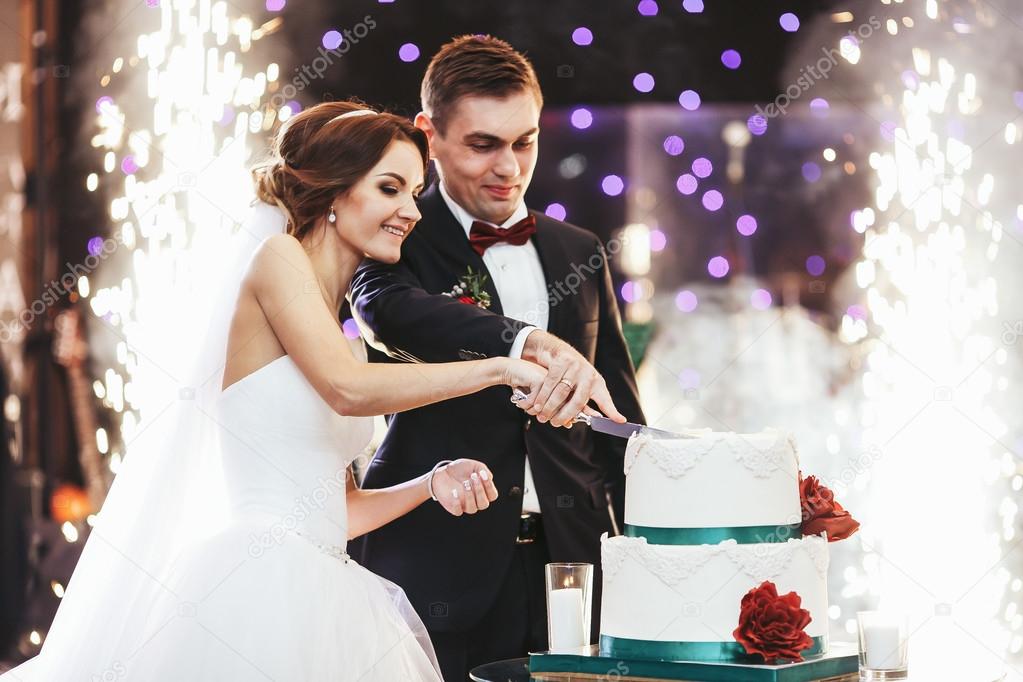 Happy bride and groom cut the wedding cake in the front of firew