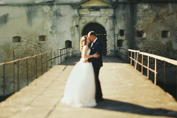 古いお城の前の橋の上の新婚夫婦のキス — ストック写真